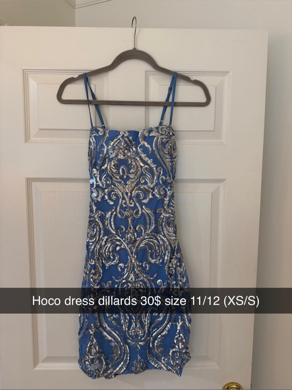 Blue Sequined Spaghetti-Strap Mini Dress
